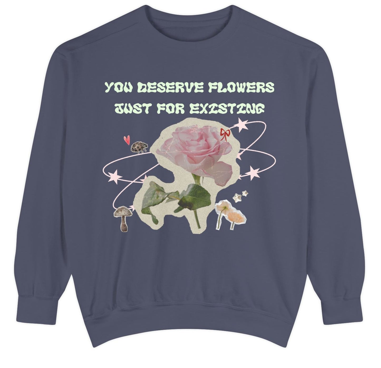 A purple sweatshirt with a graphic print of a rose, bee, and other floral elements,Loveworldllc,graphic sweater, y2k aesthetic sweater,Streetwear sweater,floral sweater,coquette sweater,gifts for her,gifts for mom,pretty sweater,unique sweater,trendy sweater