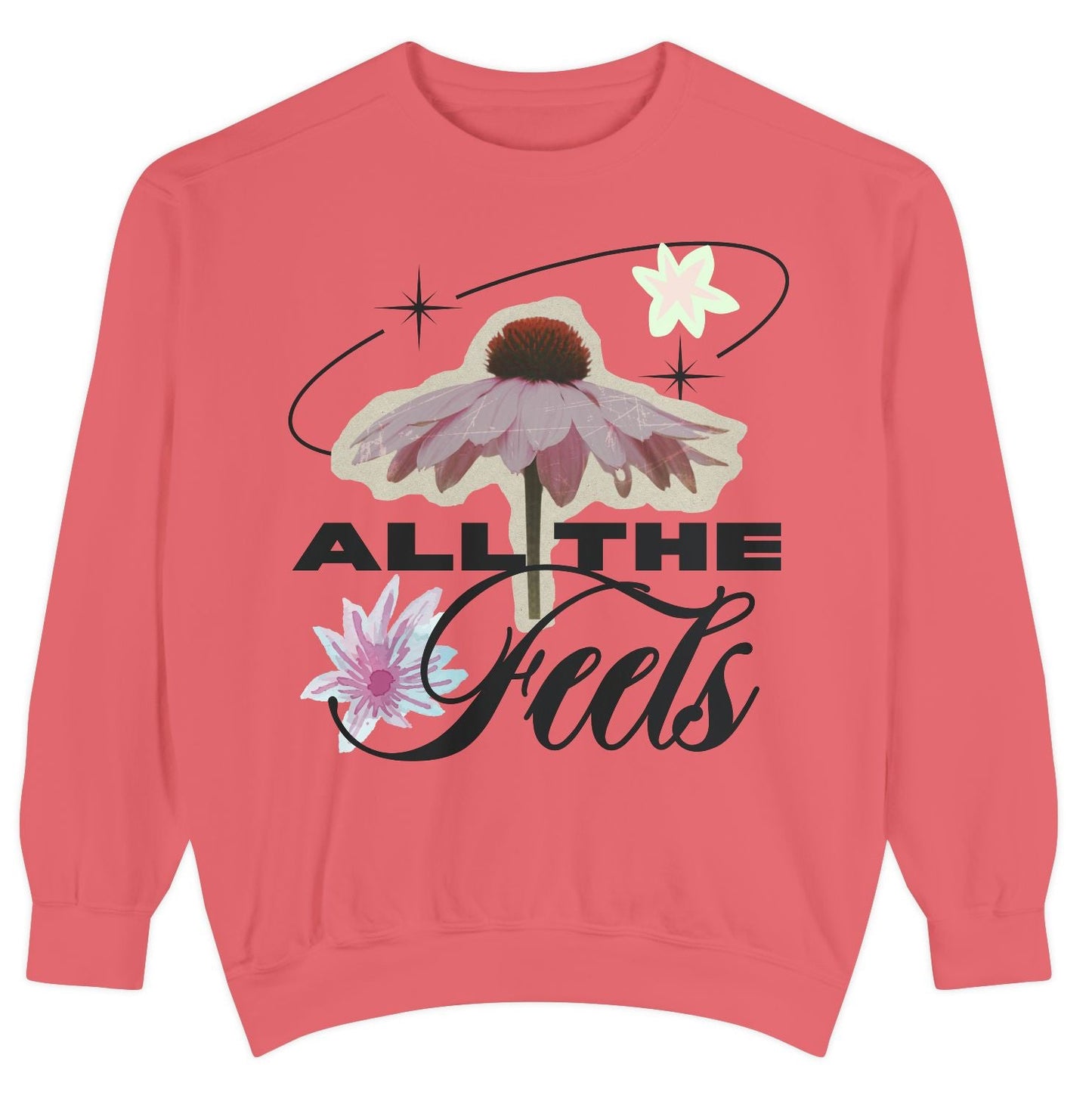 A salmon long-sleeved sweatshirt with a floral design and the text 'ALL THE FEELS' printed on the front,Loveworldllc, mental health sweater,floral sweater,graphic sweater,comfy sweater,gifts for her,feelings sweater,gifts for mom,trendy sweater, cool sweater,y2k aesthetic sweater,unique sweater, Streetwear sweater,coquette s