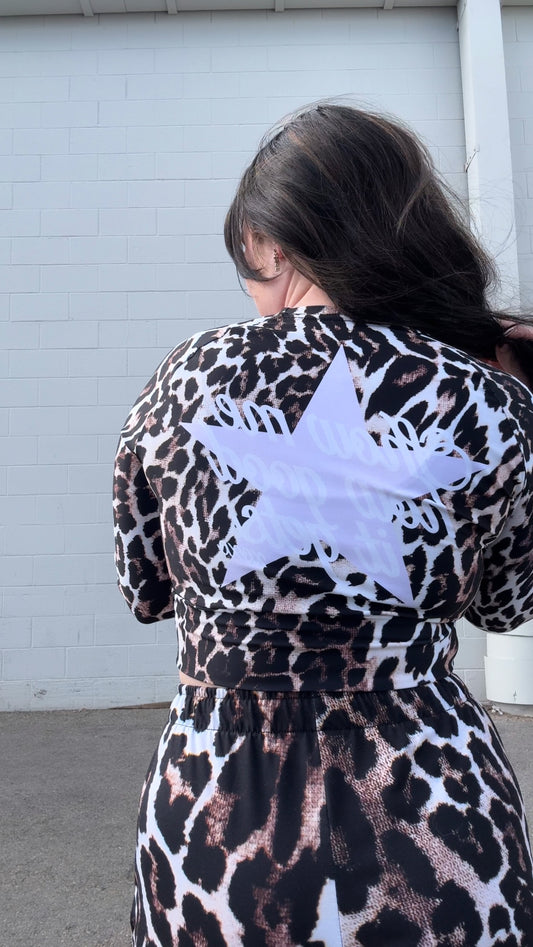 Leopard loungewear, consisting of pants with a leopard pattern and a top with a leopard design, dear universe show me how good it gets, star top, soft outfit, star outfit,unique vintage outfit,Loveworldllc,Loveworldllc.com, mental health brand, mom brand, angel numbers,leopard outfit ,aesthetic outfit,comfy matching set,leopard set,,mother graphic tee, graphic designer, unique fashion, clothing brand, 1111,Pinterest outfit, self Love brand, mom brand,gifts for her, gifts for mom