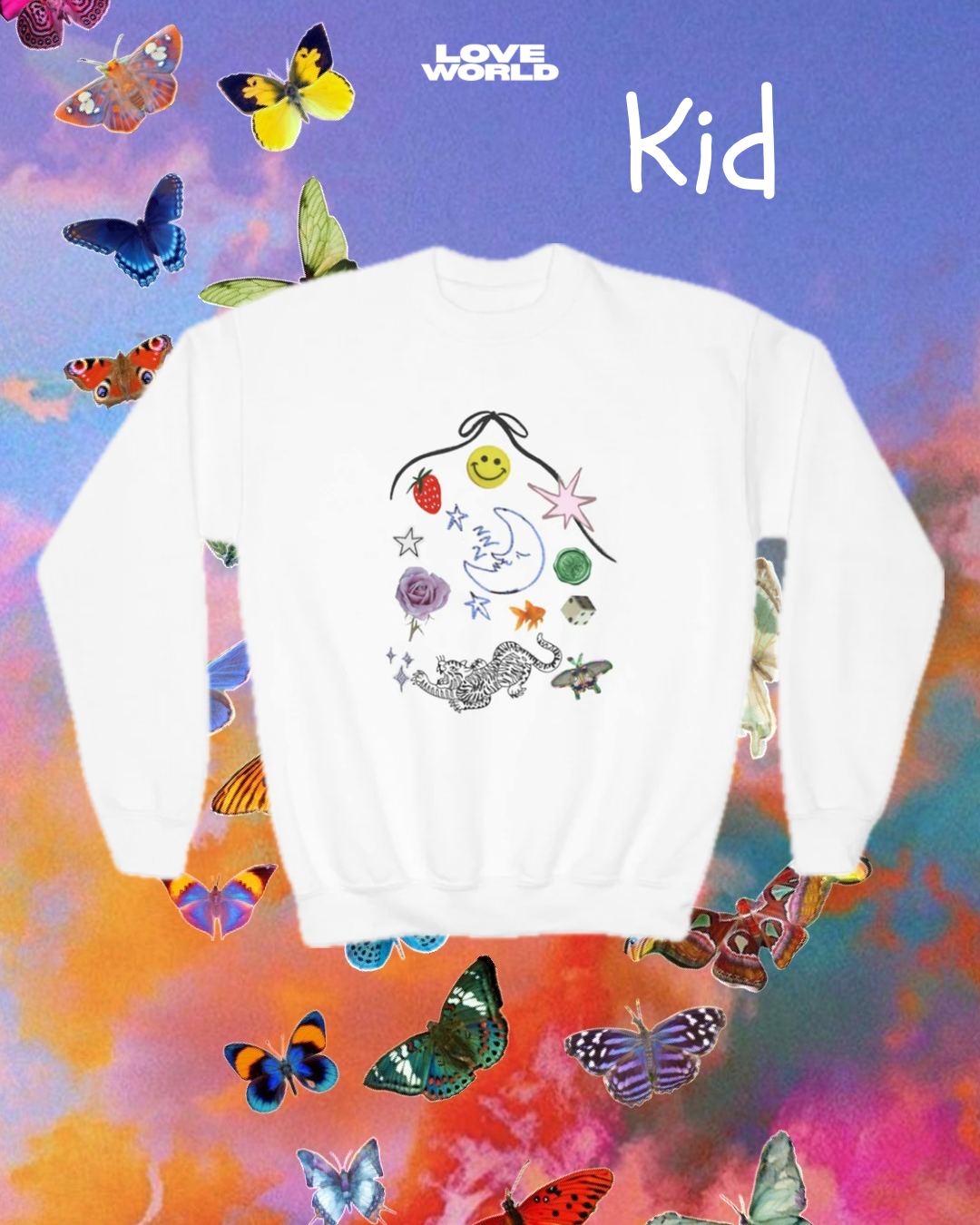 Whimsical kid sweater featuring doodles, loveworld llc.com, love world LLC, smiley, face, kids sweater, strawberry kids sweater cute kids sweater bow sweater for kids