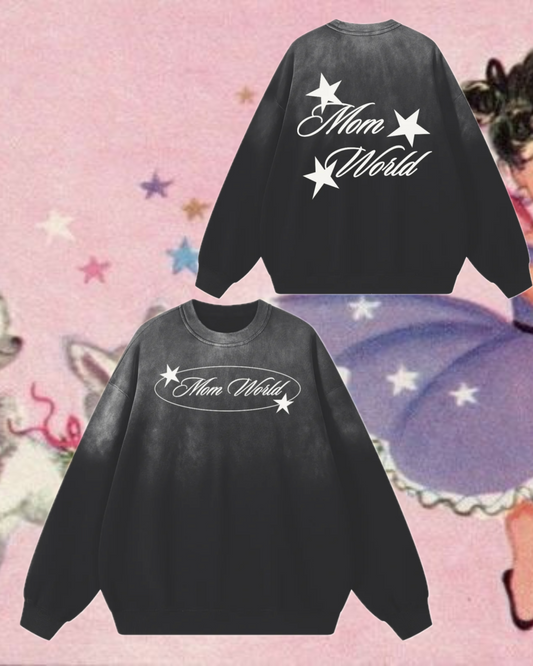 LOVE WORLD MOM WORLD Monkey Wash Sweatshirt — black drop shoulder crewneck with white Mom World star graphic, product mockup