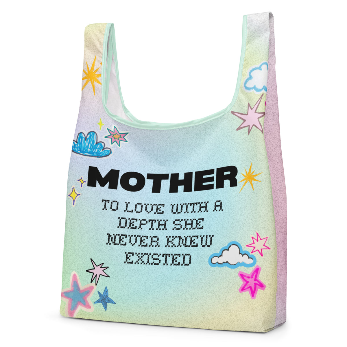 Front product mockup of the LOVE WORLD Mother Tote Bag — premium canvas shopping bag with celestial design