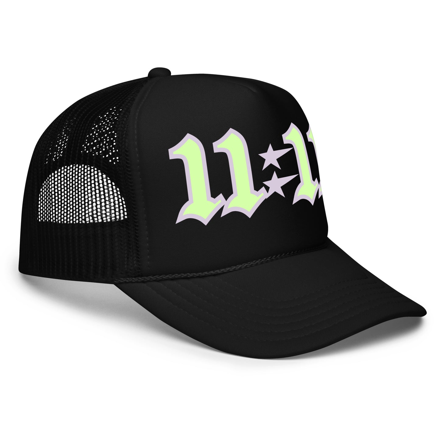 A person wearing a black trucker hat with the number 11:11 and a green graphic design on the front.Loveworldllc,Loveworldllc.com, mental health brand, mom brand, angel numbers,star hat, cool trucker hat,mother graphic tee, graphic designer, unique fashion, clothing brand, 1111,Pinterest outfit, self Love brand, mom brand,gifts for her, gifts for mom