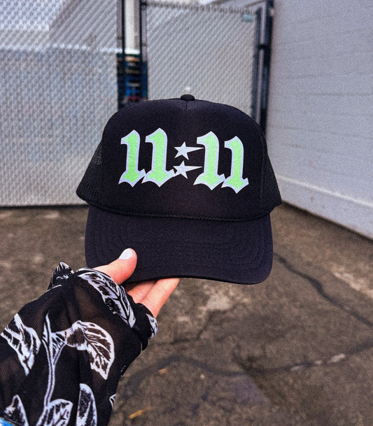 11:11 LOVE WORLD LLC trucker hat,neon green and purple with stars trucker hat