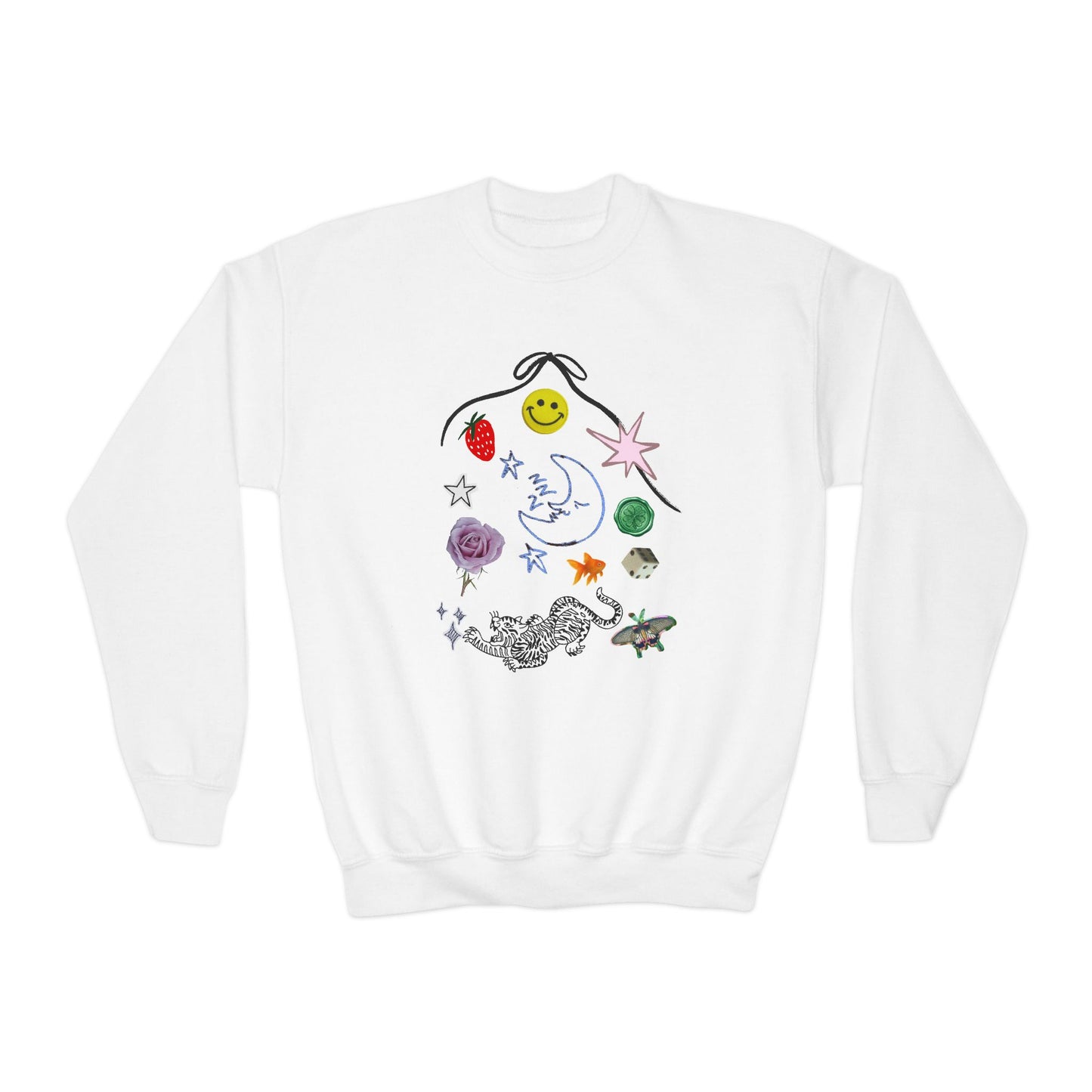 Whimsical kid sweater featuring doodles, loveworld llc.com, love world LLC, smiley, face, kids sweater, strawberry kids sweater cute kids sweater bow sweater for kids