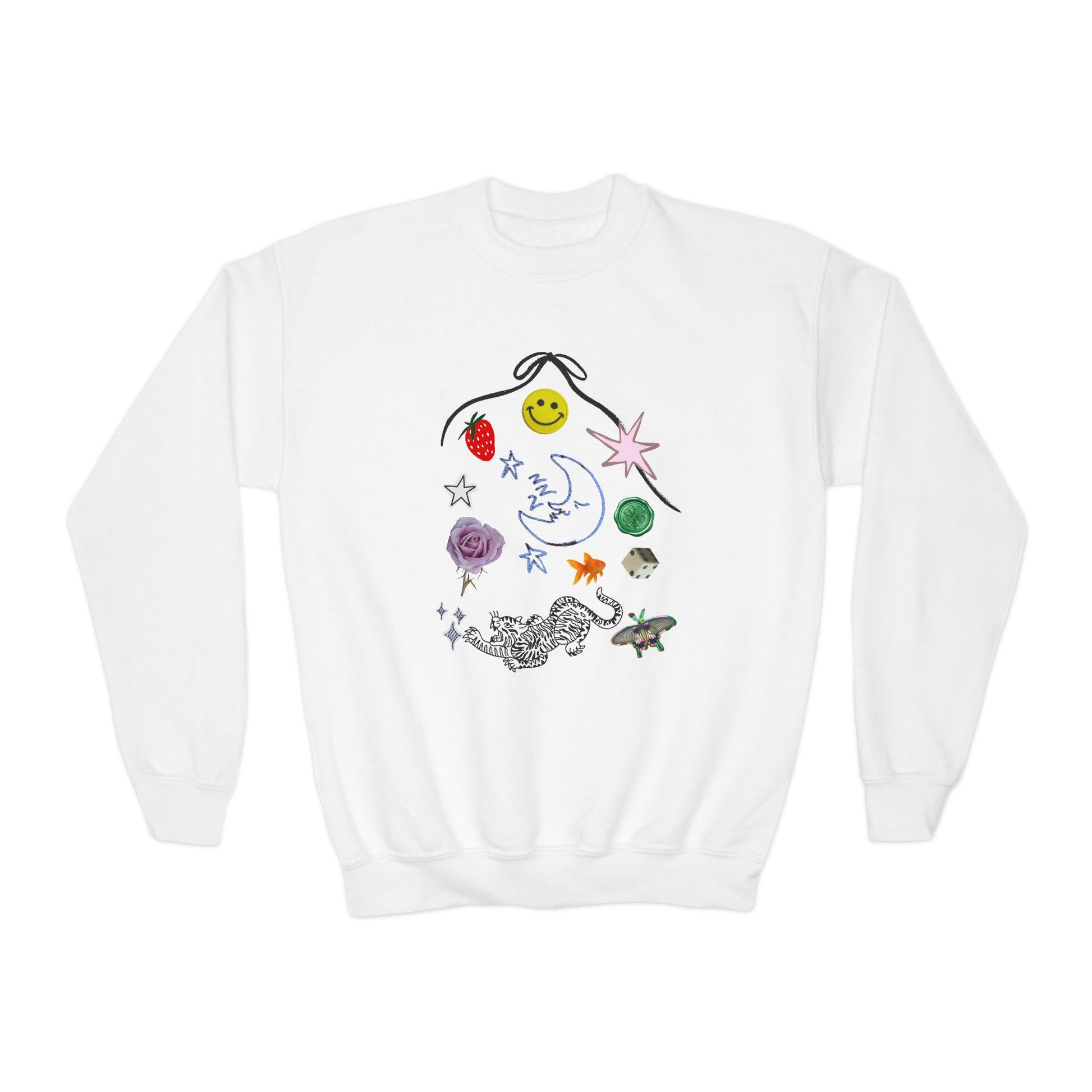 Whimsical kid sweater featuring doodles, loveworld llc.com, love world LLC, smiley, face, kids sweater, strawberry kids sweater cute kids sweater bow sweater for kids