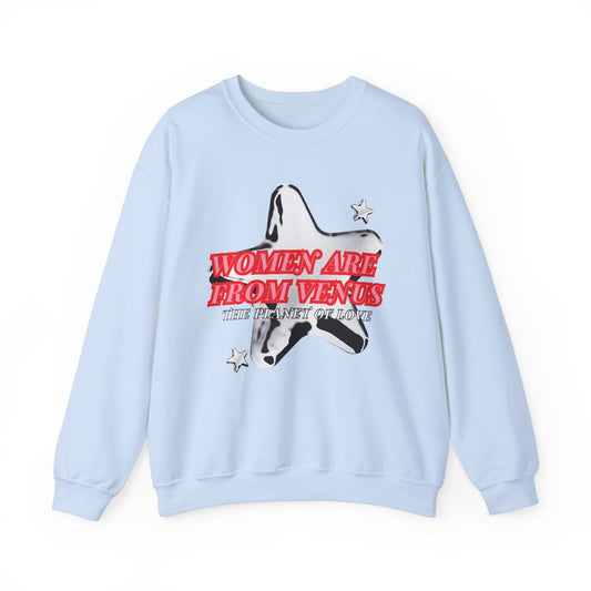 LOVE WORLD Women Are From Venus Sweater in Light Blue — oversized crewneck with bold distressed star graphic and red retro lettering, product mockup on white background