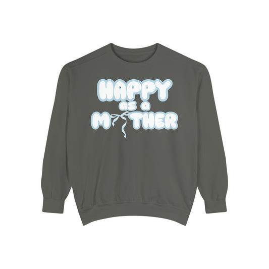 A grey crew neck t-shirt with the text 'HAPPY AS A MOTHER' printed in blue. Aura hoodie, manifest hoodie, affirmation hoodie, Unique vintage shirt,pastel shirt, spring fashion,summer fashion, Loveworldllc,Loveworldllc.com, mental health brand, mom brand, angel numbers,inner peace hoodie, ,aesthetic outfit,comfy mother graphic tee, graphic designer, unique fashion, clothing brand, Pinterest outfit, self Love brand, mom brand,gifts for her, gifts for mom