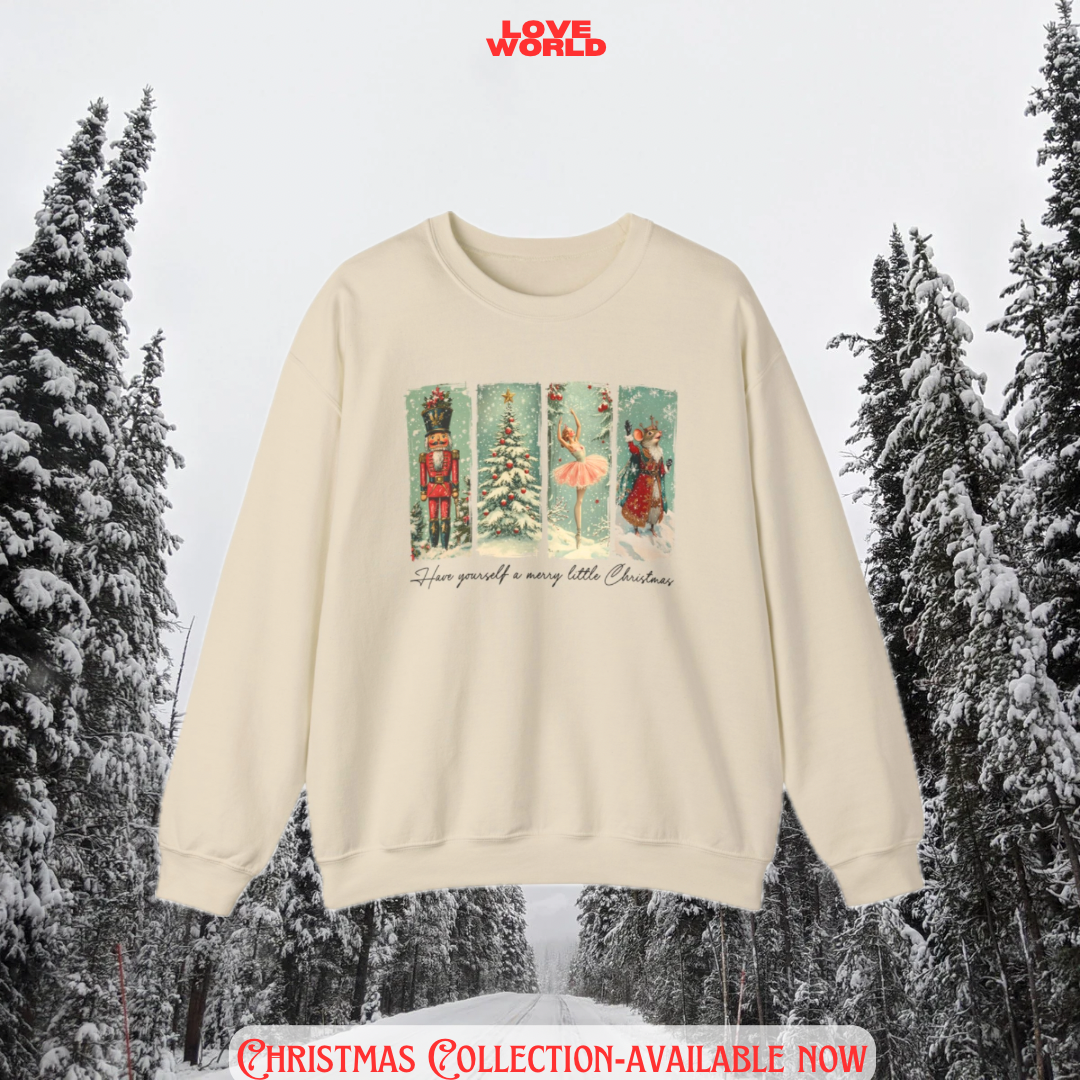 Beige sweatshirt with Christmas design,nutcracker Christmas sweater, Loveworldllc,Loveworldllc.com,vintage Christmas sweater, cute Christmas sweater, nostalgia Christmas sweater, Christmas crewneck,gifts for her, gifts for mom, Christmas gift idea, Christmas ootd,Pinterest Christmas outfit