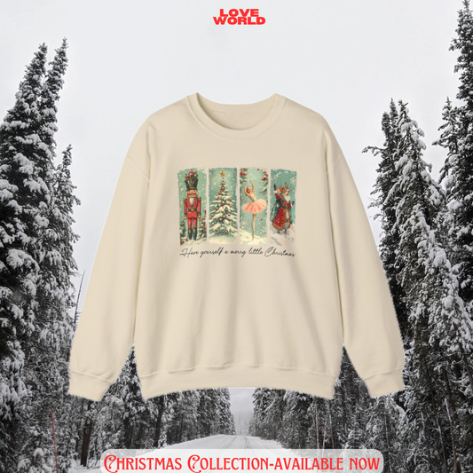 Beige sweatshirt with Christmas design,nutcracker Christmas sweater, Loveworldllc,Loveworldllc.com,vintage Christmas sweater, cute Christmas sweater, nostalgia Christmas sweater, Christmas crewneck,gifts for her, gifts for mom, Christmas gift idea, Christmas ootd,Pinterest Christmas outfit
