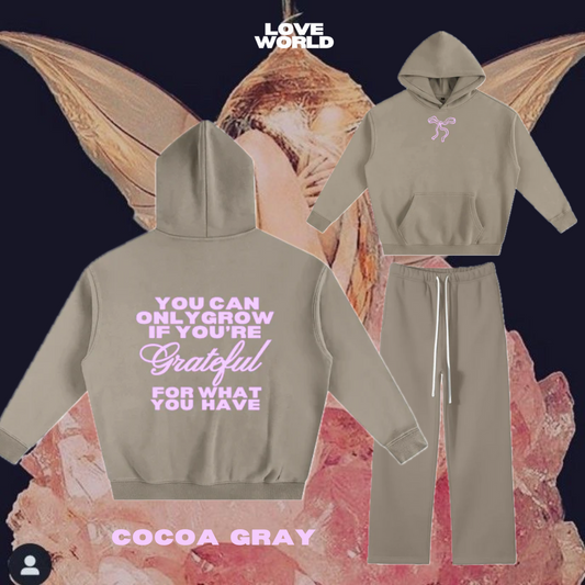  loungewear, consisting of pants with a light brown  and a top with a purple design, vintage,grateful hoodie, gratitude hoodie, jogger set,outfit,Loveworldllc,Loveworldllc.com, mental health brand, mom brand, angel numbers,outfit ,aesthetic outfit,comfy matching set,flower set,,mother graphic tee, graphic designer, unique fashion, clothing brand, Pinterest outfit, self Love brand, mom brand,gifts for her, gifts for mom