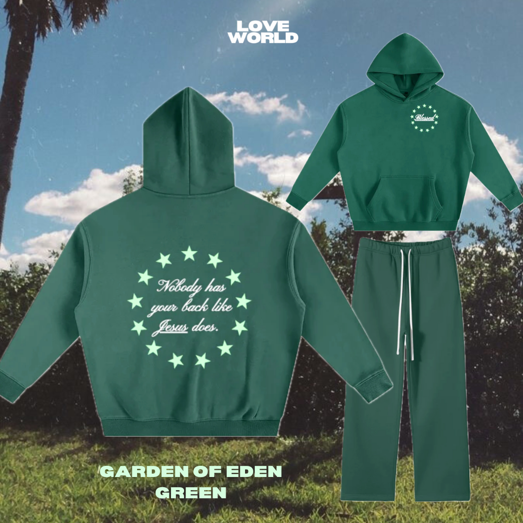 Green hoodie and pants set with text design, nobody has your back like Jesus does jogger set, dark green jogger set, matching set,
loveworldllc,loveworldllc.com, star hoodie star jogger, green jogger set, streetwear jogger set, aesthetic, streetwear