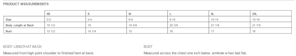 A sizing chart for Bella+Canvas Women's Micro Rib Baby Tee, showing measurements for sizes XS through XXL and Bust, with product code BC1010.