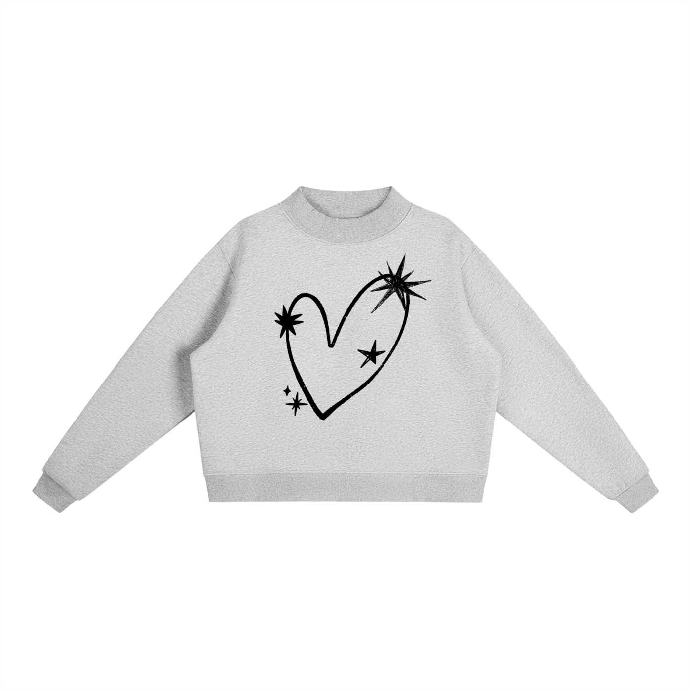 LOVE WORLD Stardust Mock Neck Sweater in Flower Gray — hand-drawn heart and star doodle graphic on 350GSM heavyweight fleece mock neck