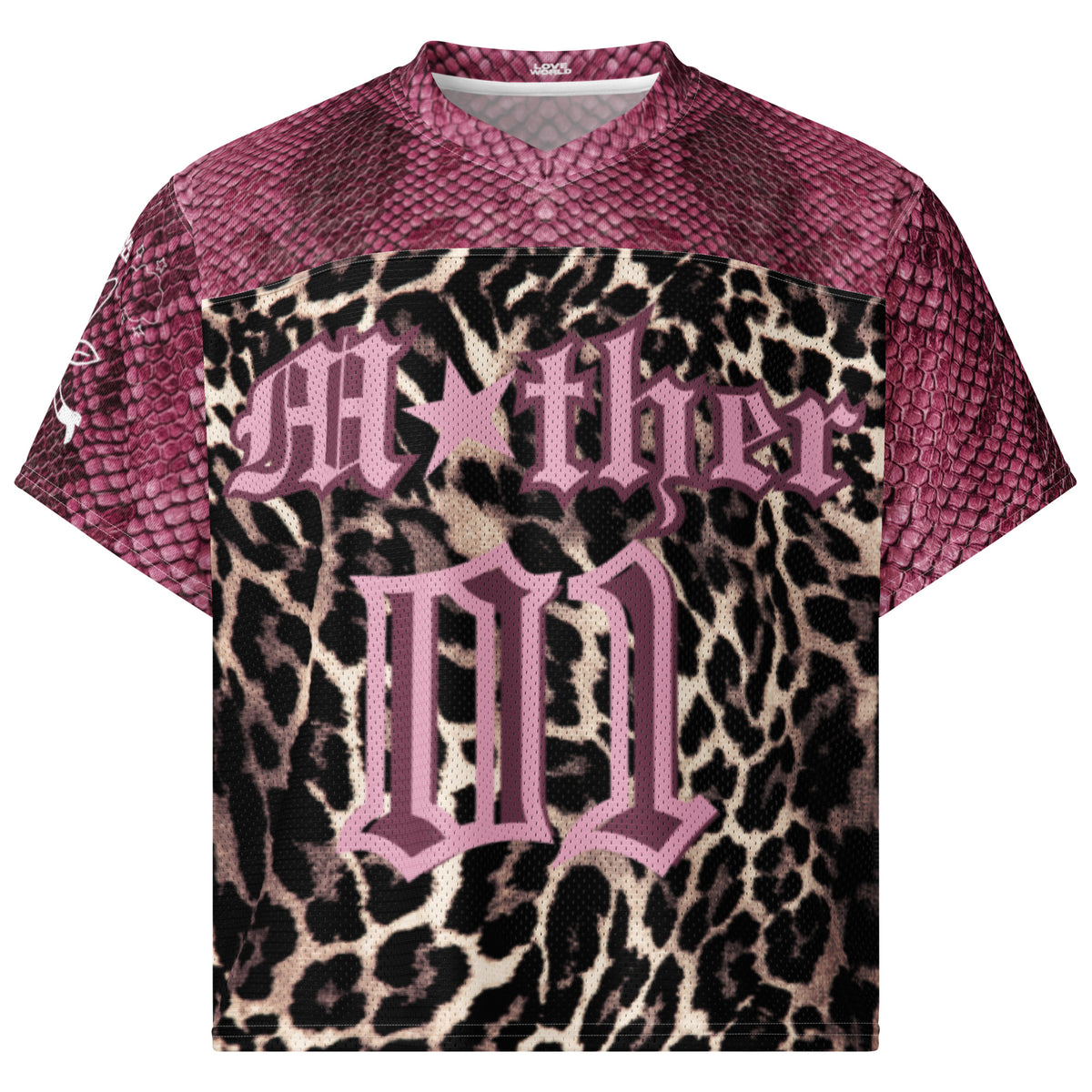 LOVE WORLD Feral Mother Jersey – boxy football jersey with pink snakeskin shoulders and leopard print body, featuring "Mother #1" gothic lettering in pink"