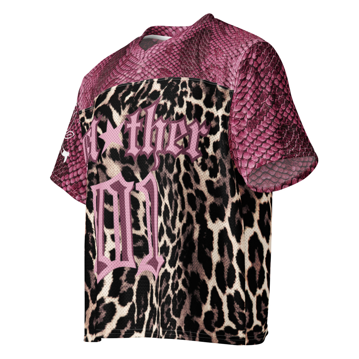LOVE WORLD Feral Mother Jersey – boxy football jersey with pink snakeskin shoulders and leopard print body, featuring "Mother #1" gothic lettering in pink"