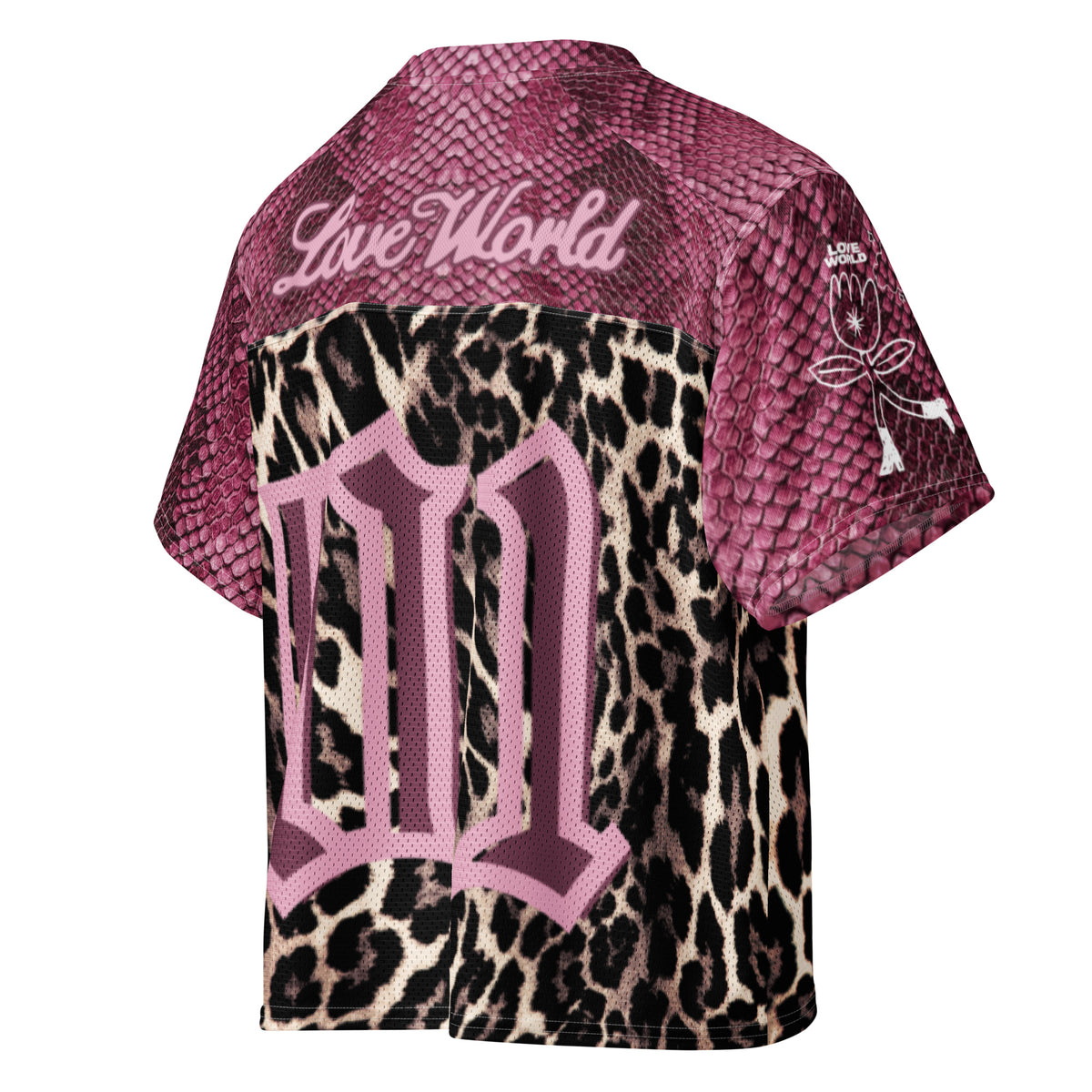 LOVE WORLD Feral Mother Jersey – boxy football jersey with pink snakeskin shoulders and leopard print body, featuring "Mother #1" gothic lettering in pink"