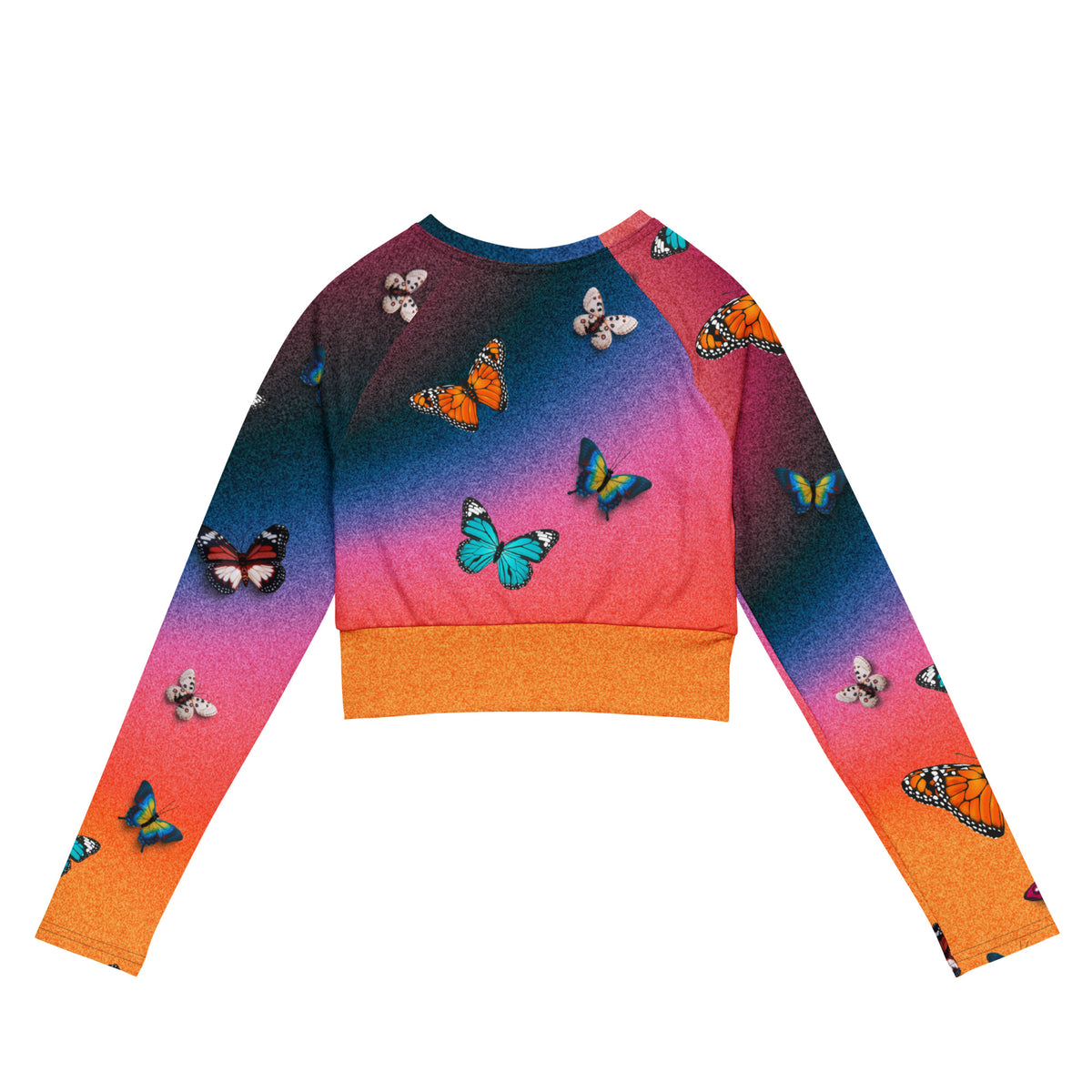 LOVE WORLD Butterfly Effect long-sleeve crop top — aura gradient, hyper realistic butterflies throughout