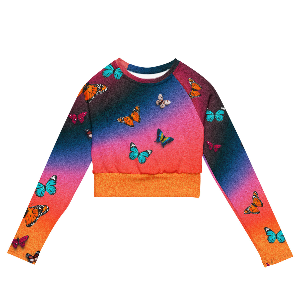 LOVE WORLD Butterfly Effect long-sleeve crop top — aura gradient, hyper realistic butterflies throughout