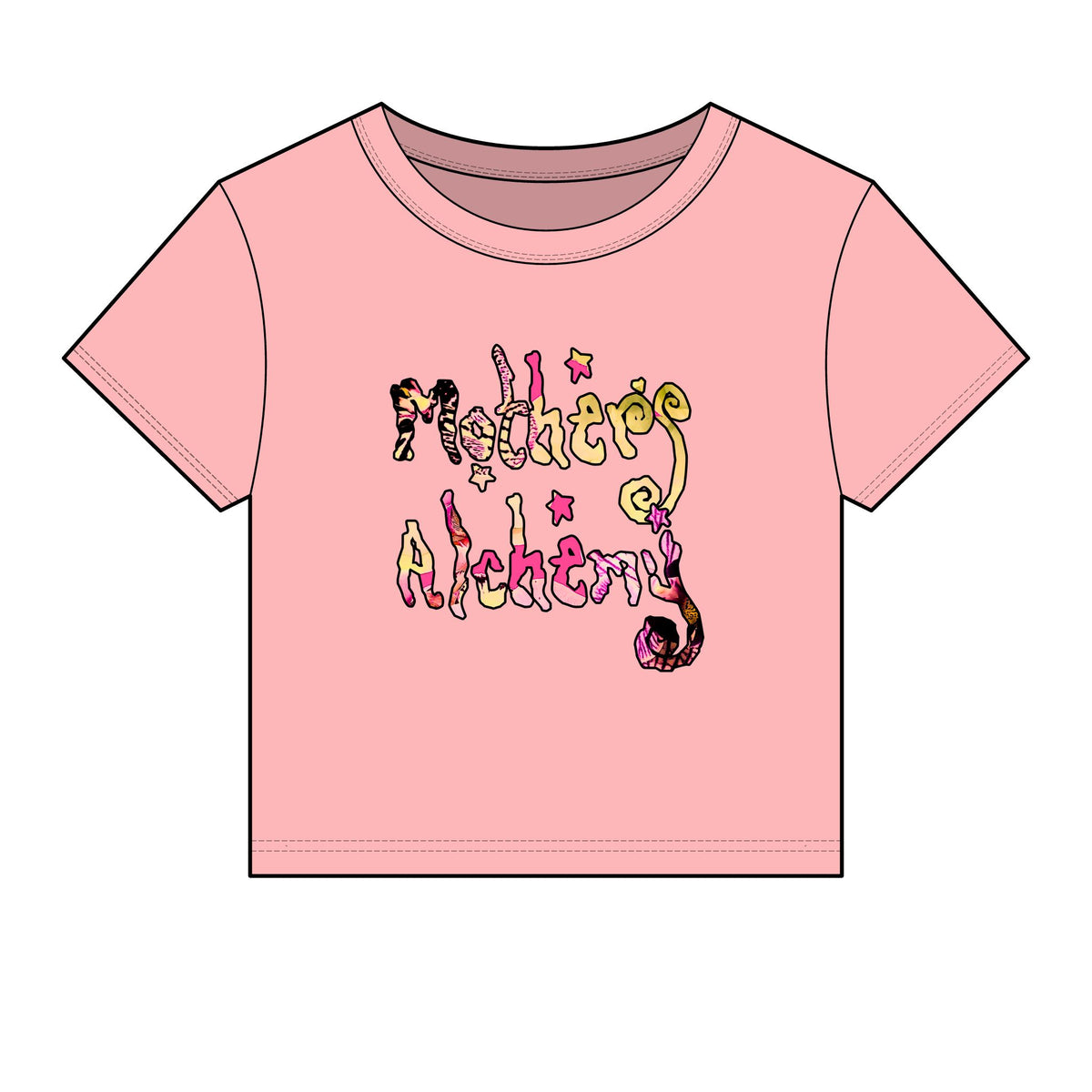 Pink Mothers Alchemy cropped baby tee by LOVE WORLD with colorful stylized graphic on chest