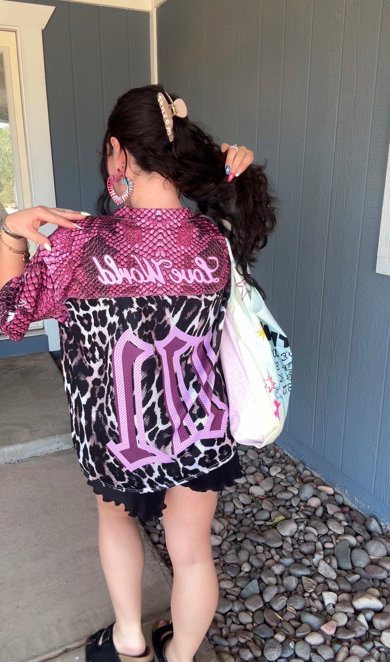 womens graphic jersey, jersey for women, trendy top for women, womens clothing brand, dopamine dressing,dopamine clothing brand, t-shirt with a colorful graphic reading mother with snakeskin and leopard design, loveworldllc.com, stars and leopard jersey for women, pinterest ootd