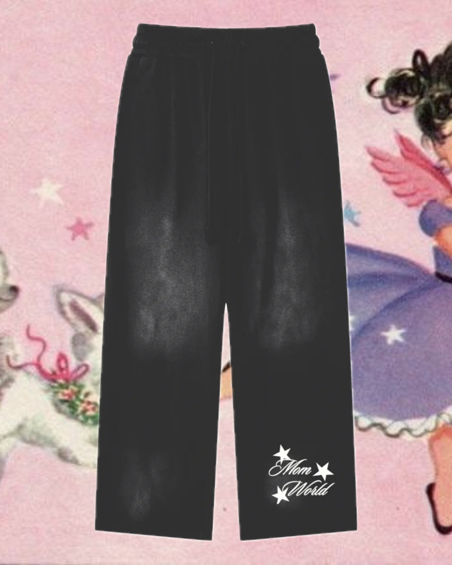 A mom world jogger pant with the text 'mom world ' print. monkey wash jogger set,fashion,mom fashion, mom world sweater,Loveworldllc,Loveworldllc.com, mental health brand, mom brand, angel numbersh, ,aesthetic outfit,comfy mother graphic tee, unique fashion, clothing brand, Pinterest outfit, self Love brand, mom brand,gifts for her, gifts for mom, matching set matching black jogger set joggers