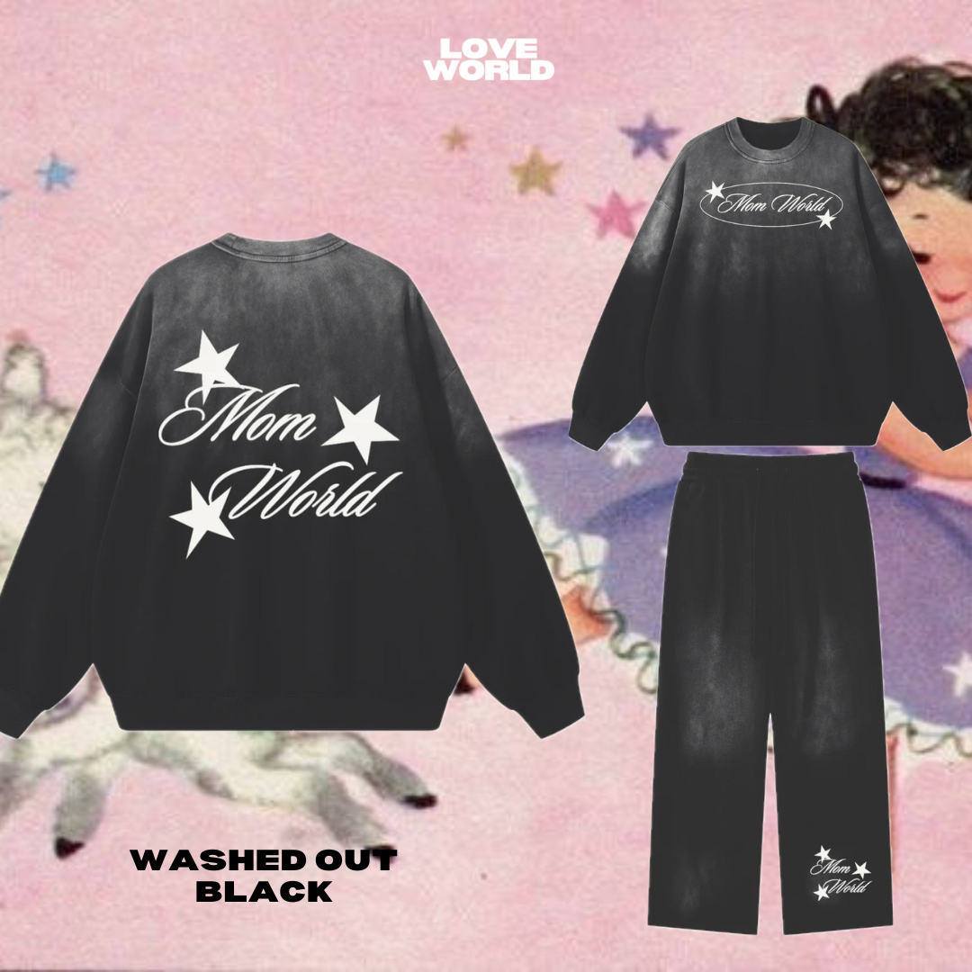 A three-piece black sweatshirt and pants set with a washed-out gradient effect and white 'Mom World' text and star graphics, shown on a pink background with a blurred model and text overlays.A mom world jogger pant with the text 'mom world ' print. monkey wash jogger set,fashion,mom fashion, mom world sweater,Loveworldllc,Loveworldllc.com, mental health brand, mom brand, angel numbersh, ,aesthetic outfit,comfy mother graphic tee, unique fashion, clothing brand, Pinterest outfit, self Love brand, mom brand,