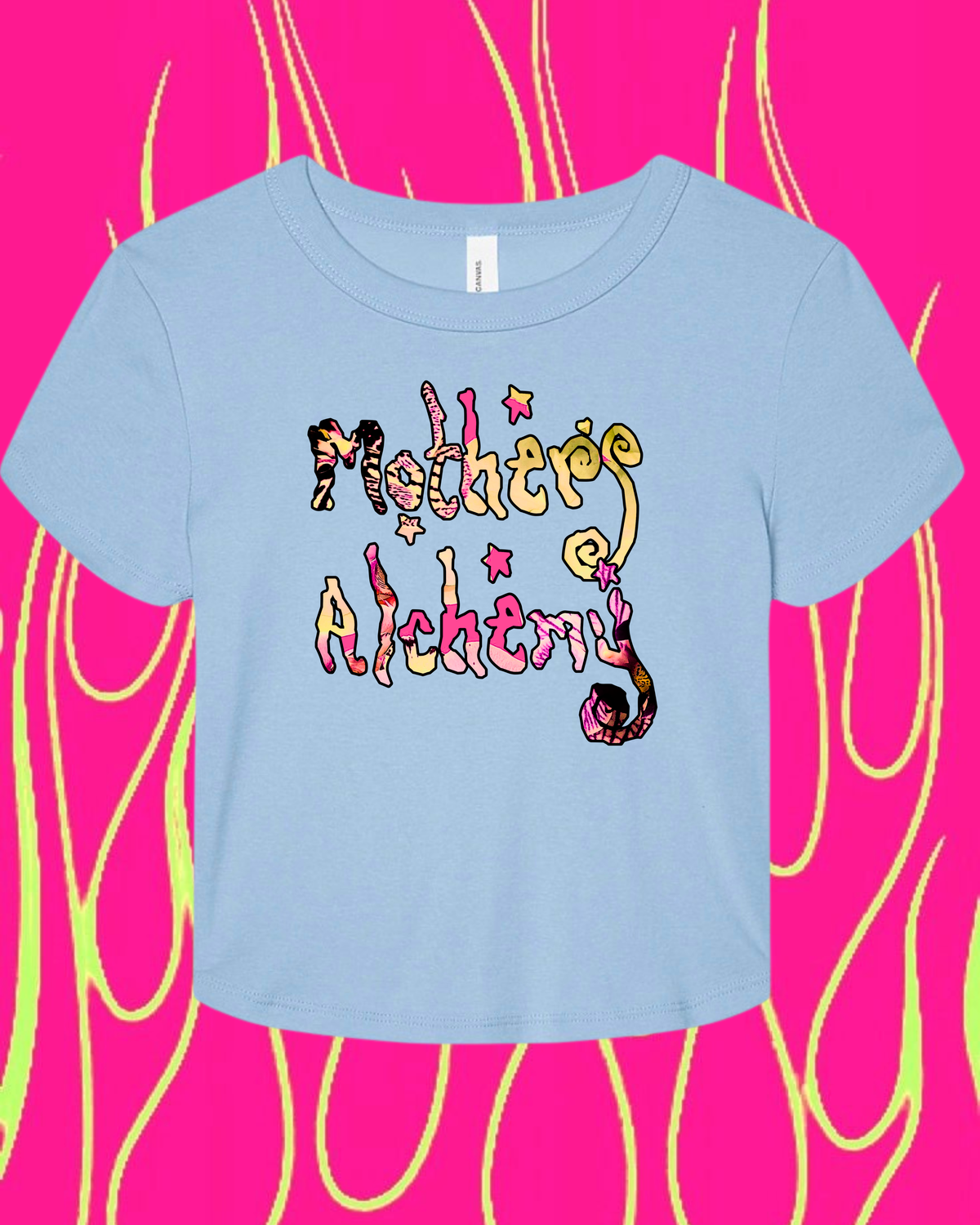 Mothers Alchemy cropped tee in baby blue with retro-style pink and yellow graphic on bright pink background